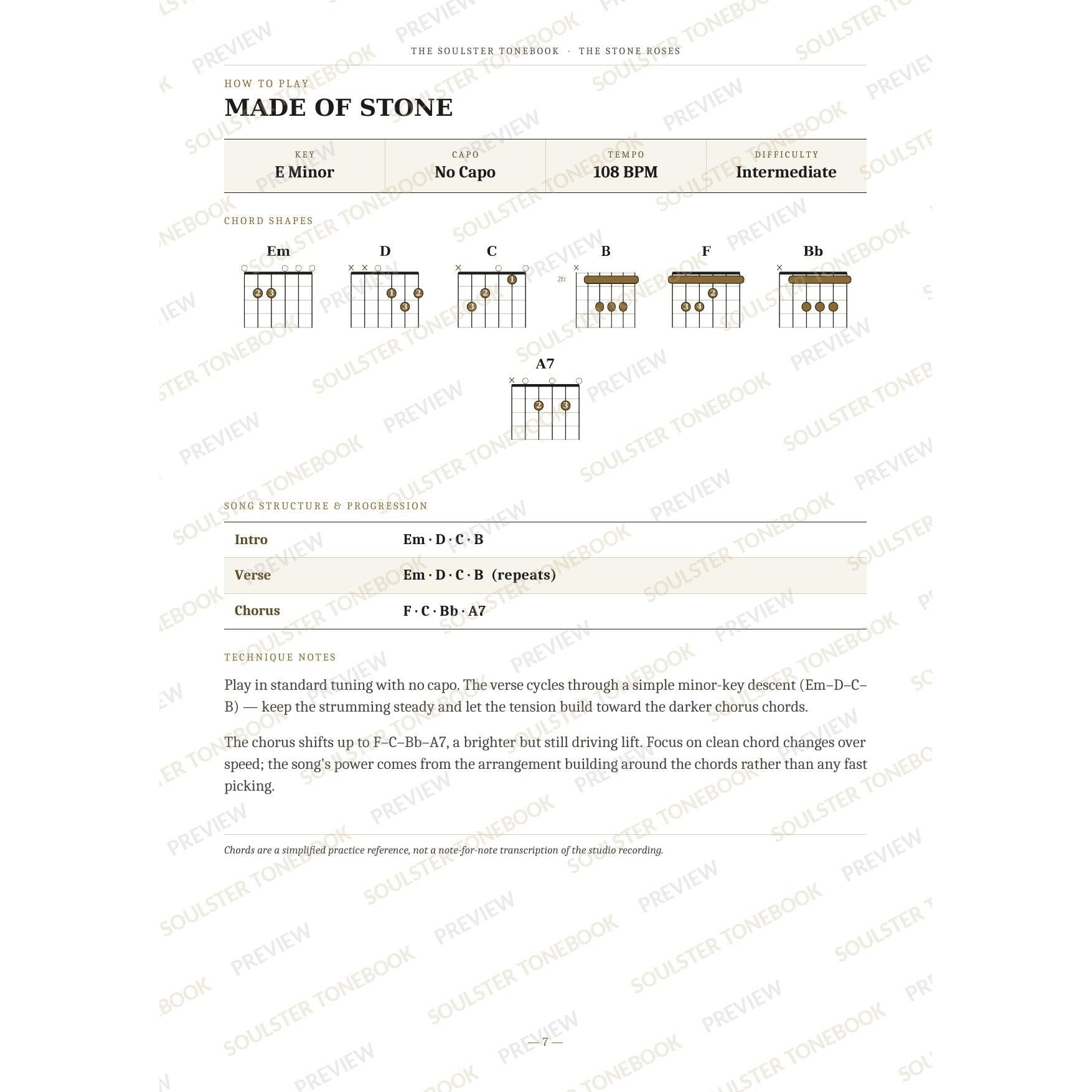 How-to-play page for 'Made of Stone' by The Stone Roses, showing the key, capo, tempo and difficulty, printed chord-shape diagrams, a song-structure and chord-progression breakdown and technique notes — chord charts only, no lyrics or notation. A faint diagonal 'Soulster Tonebook · Preview' watermark repeats across the page.