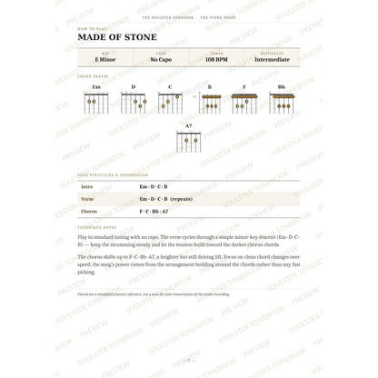 How-to-play page for 'Made of Stone' by The Stone Roses, showing the key, capo, tempo and difficulty, printed chord-shape diagrams, a song-structure and chord-progression breakdown and technique notes — chord charts only, no lyrics or notation. A faint diagonal 'Soulster Tonebook · Preview' watermark repeats across the page.
