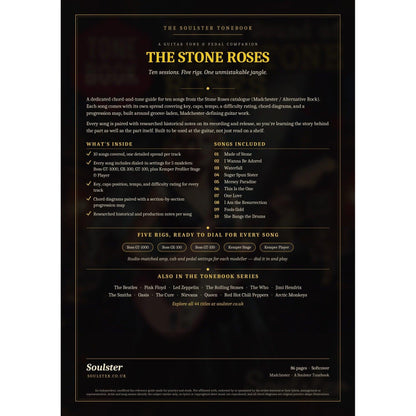 Back cover of The Stone Roses Soulster Tonebook — a dark, gold-trimmed design with the title and tagline, a 'what's inside' list, the full 10-song track list, the five modeller rigs and other titles in the Soulster Tonebook series.