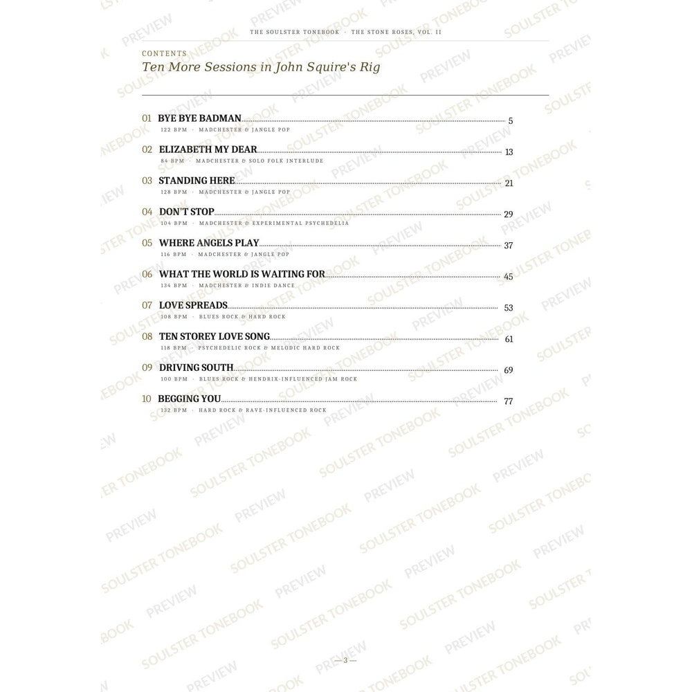 Contents page from The Stone Roses, Vol. II Soulster Tonebook, listing all 10 songs with their tempos, genre tags and page numbers in a gold-and-black serif layout. A faint diagonal 'Soulster Tonebook · Preview' watermark repeats across the page.