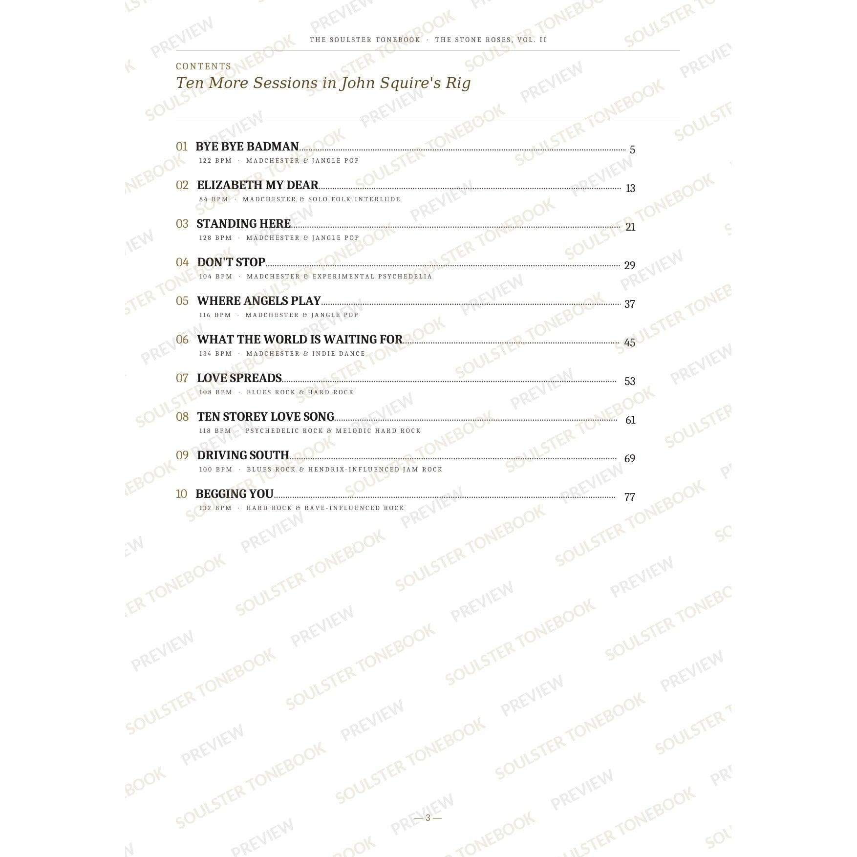 Contents page from The Stone Roses, Vol. II Soulster Tonebook, listing all 10 songs with their tempos, genre tags and page numbers in a gold-and-black serif layout. A faint diagonal 'Soulster Tonebook · Preview' watermark repeats across the page.