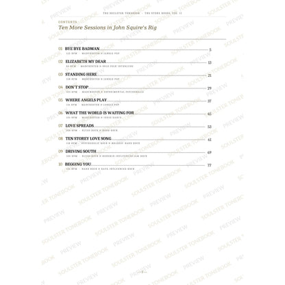 Contents page from The Stone Roses, Vol. II Soulster Tonebook, listing all 10 songs with their tempos, genre tags and page numbers in a gold-and-black serif layout. A faint diagonal 'Soulster Tonebook · Preview' watermark repeats across the page.