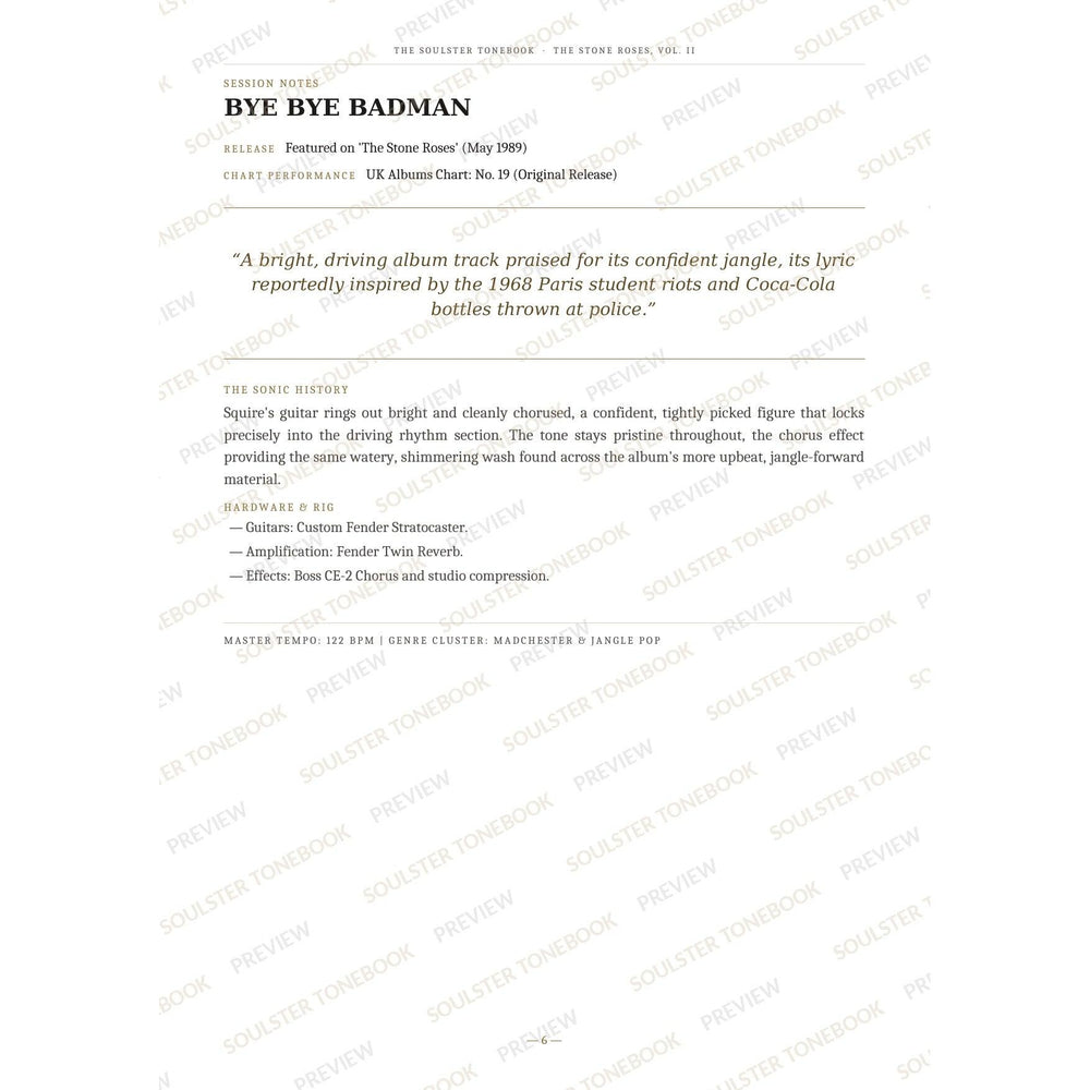 Session-notes page for 'Bye Bye Badman' in The Stone Roses, Vol. II Soulster Tonebook, with the track's release and chart history, a summary quote, a short 'sonic history' write-up and the hardware and rig used. A faint diagonal 'Soulster Tonebook · Preview' watermark repeats across the page.