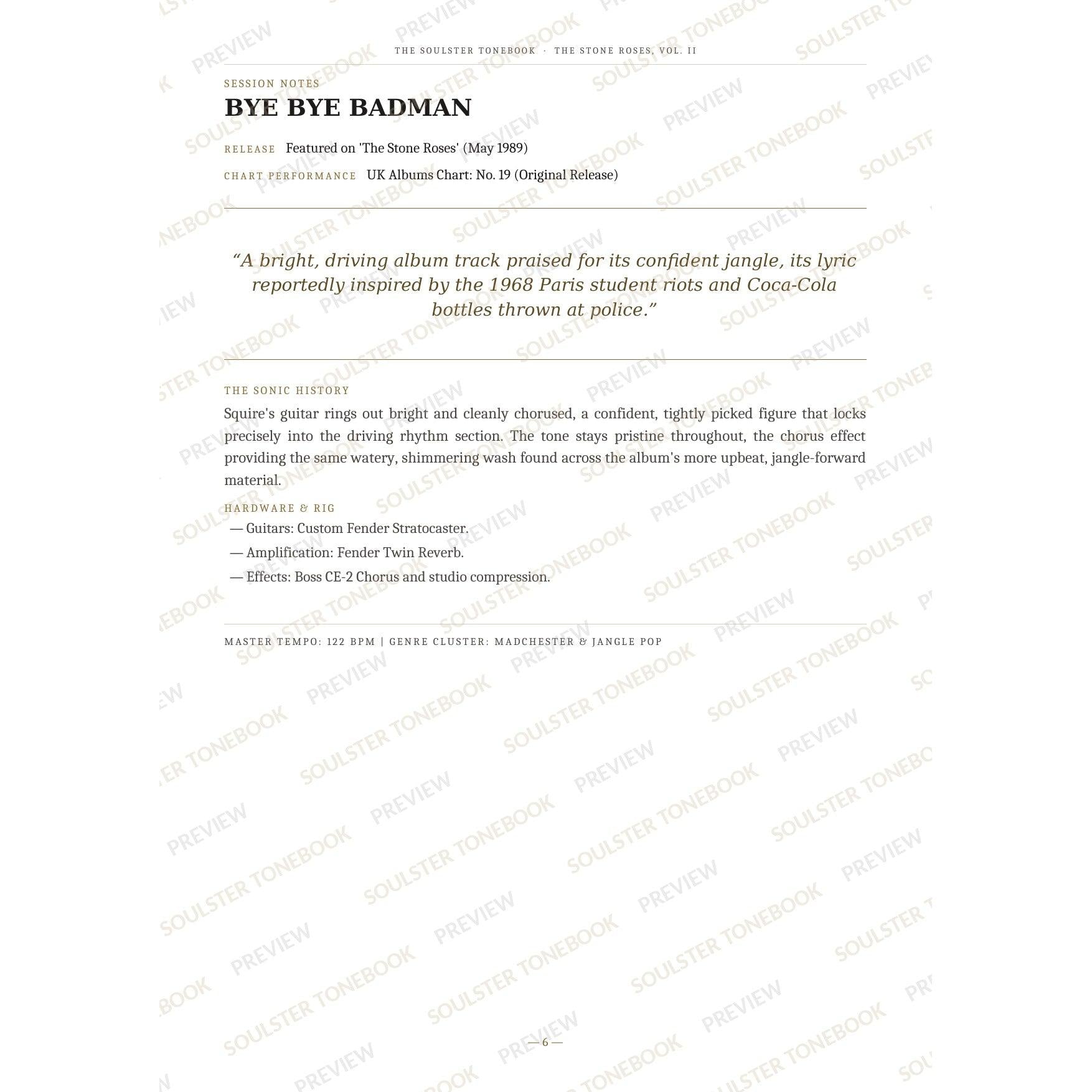 Session-notes page for 'Bye Bye Badman' in The Stone Roses, Vol. II Soulster Tonebook, with the track's release and chart history, a summary quote, a short 'sonic history' write-up and the hardware and rig used. A faint diagonal 'Soulster Tonebook · Preview' watermark repeats across the page.