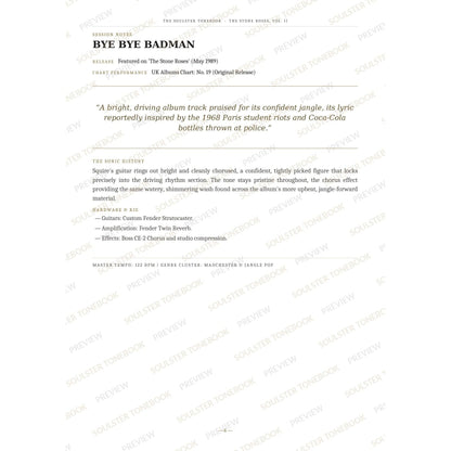 Session-notes page for 'Bye Bye Badman' in The Stone Roses, Vol. II Soulster Tonebook, with the track's release and chart history, a summary quote, a short 'sonic history' write-up and the hardware and rig used. A faint diagonal 'Soulster Tonebook · Preview' watermark repeats across the page.