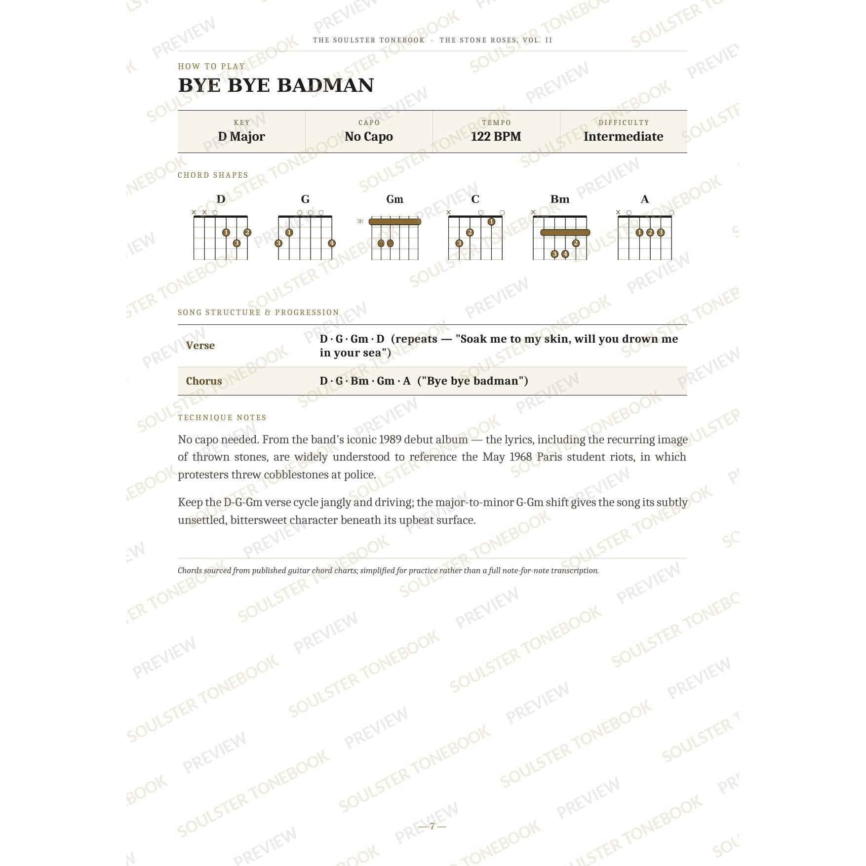How-to-play page for 'Bye Bye Badman' by The Stone Roses, showing the key, capo, tempo and difficulty, printed chord-shape diagrams, a song-structure and chord-progression breakdown and technique notes — chord charts only, no lyrics or notation. A faint diagonal 'Soulster Tonebook · Preview' watermark repeats across the page.