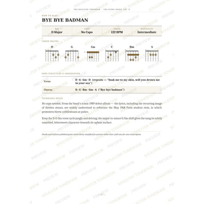 How-to-play page for 'Bye Bye Badman' by The Stone Roses, showing the key, capo, tempo and difficulty, printed chord-shape diagrams, a song-structure and chord-progression breakdown and technique notes — chord charts only, no lyrics or notation. A faint diagonal 'Soulster Tonebook · Preview' watermark repeats across the page.