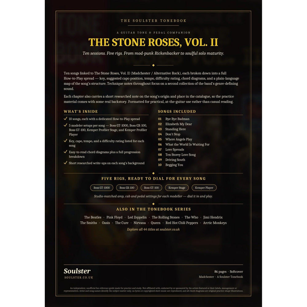 Back cover of The Stone Roses, Vol. II Soulster Tonebook — a dark, gold-trimmed design with the title and tagline, a 'what's inside' list, the full 10-song track list, the five modeller rigs and other titles in the Soulster Tonebook series.