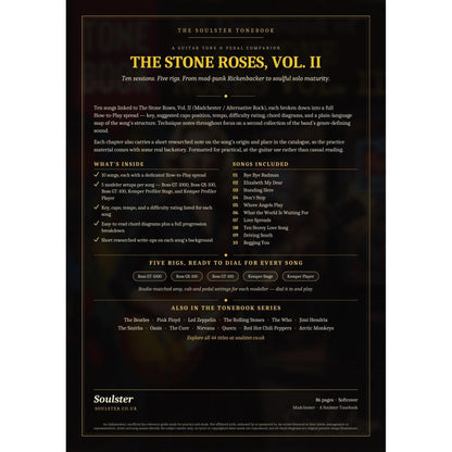 Back cover of The Stone Roses, Vol. II Soulster Tonebook — a dark, gold-trimmed design with the title and tagline, a 'what's inside' list, the full 10-song track list, the five modeller rigs and other titles in the Soulster Tonebook series.
