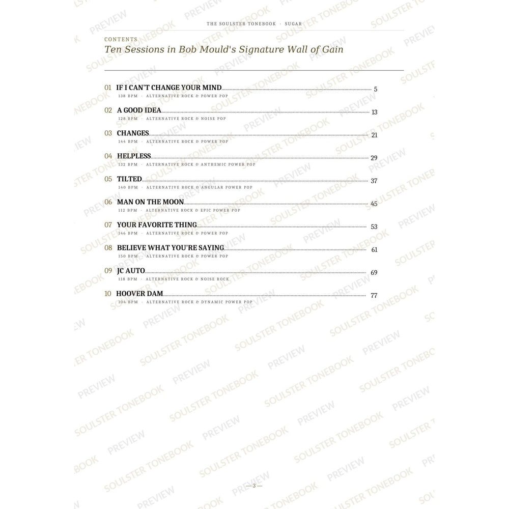 Contents page from the Sugar Soulster Tonebook, listing all 10 songs with their tempos, genre tags and page numbers in a gold-and-black serif layout. A faint diagonal 'Soulster Tonebook · Preview' watermark repeats across the page.