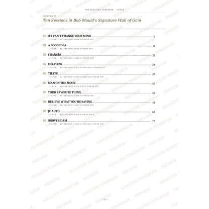 Contents page from the Sugar Soulster Tonebook, listing all 10 songs with their tempos, genre tags and page numbers in a gold-and-black serif layout. A faint diagonal 'Soulster Tonebook · Preview' watermark repeats across the page.