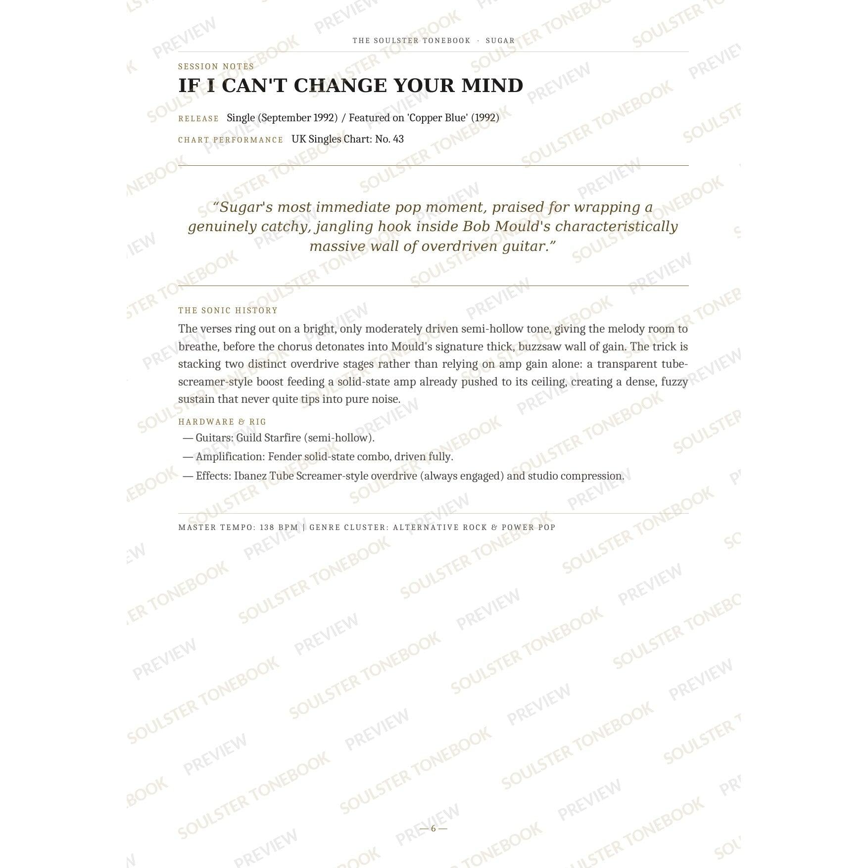 Session-notes page for 'If I Can't Change Your Mind' in the Sugar Soulster Tonebook, with the track's release and chart history, a summary quote, a short 'sonic history' write-up and the hardware and rig used. A faint diagonal 'Soulster Tonebook · Preview' watermark repeats across the page.