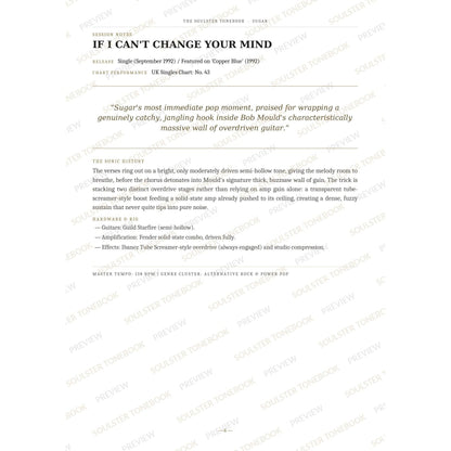 Session-notes page for 'If I Can't Change Your Mind' in the Sugar Soulster Tonebook, with the track's release and chart history, a summary quote, a short 'sonic history' write-up and the hardware and rig used. A faint diagonal 'Soulster Tonebook · Preview' watermark repeats across the page.