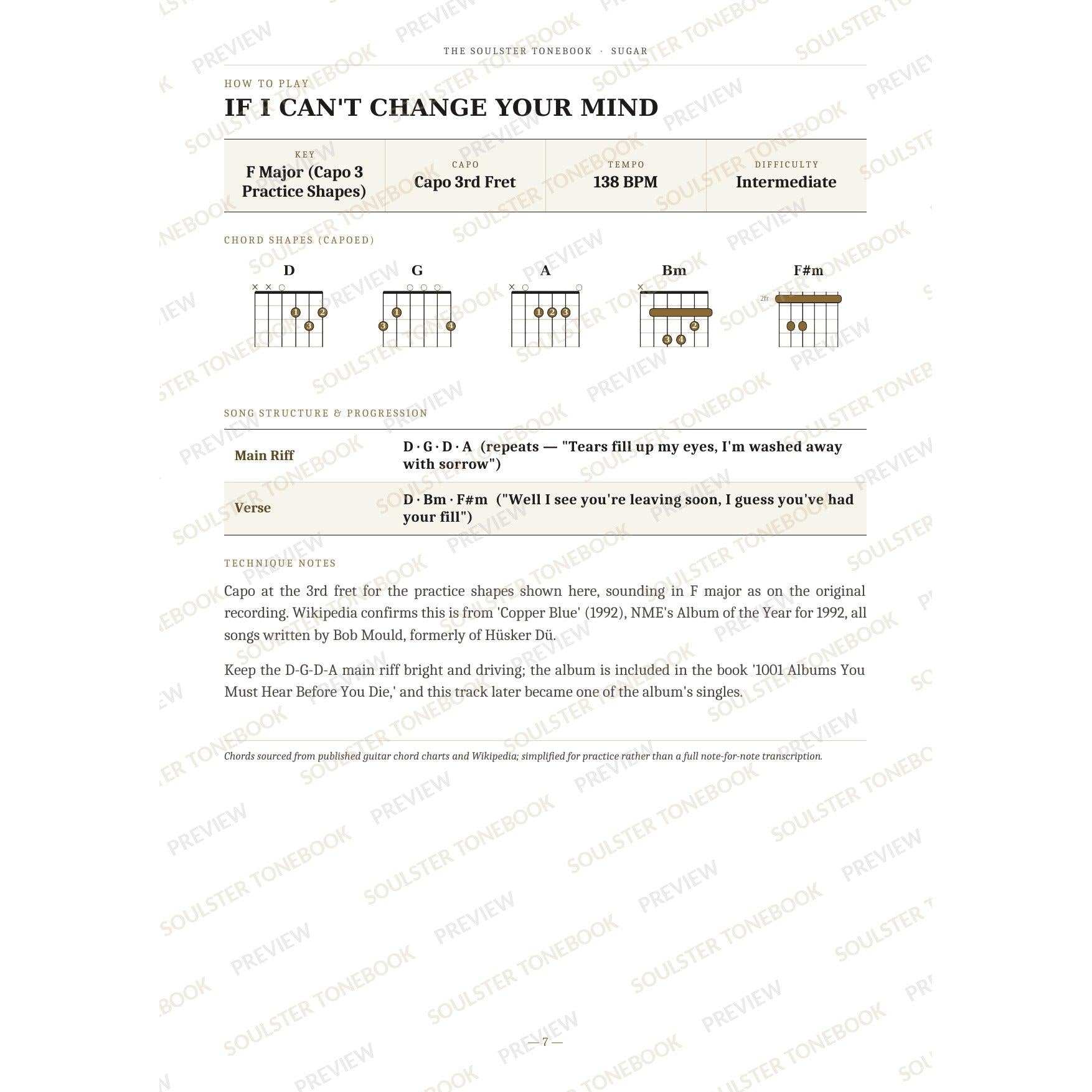 How-to-play page for 'If I Can't Change Your Mind' by Sugar, showing the key, capo, tempo and difficulty, printed chord-shape diagrams, a song-structure and chord-progression breakdown and technique notes — chord charts only, no lyrics or notation. A faint diagonal 'Soulster Tonebook · Preview' watermark repeats across the page.