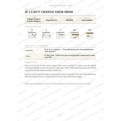 How-to-play page for 'If I Can't Change Your Mind' by Sugar, showing the key, capo, tempo and difficulty, printed chord-shape diagrams, a song-structure and chord-progression breakdown and technique notes — chord charts only, no lyrics or notation. A faint diagonal 'Soulster Tonebook · Preview' watermark repeats across the page.
