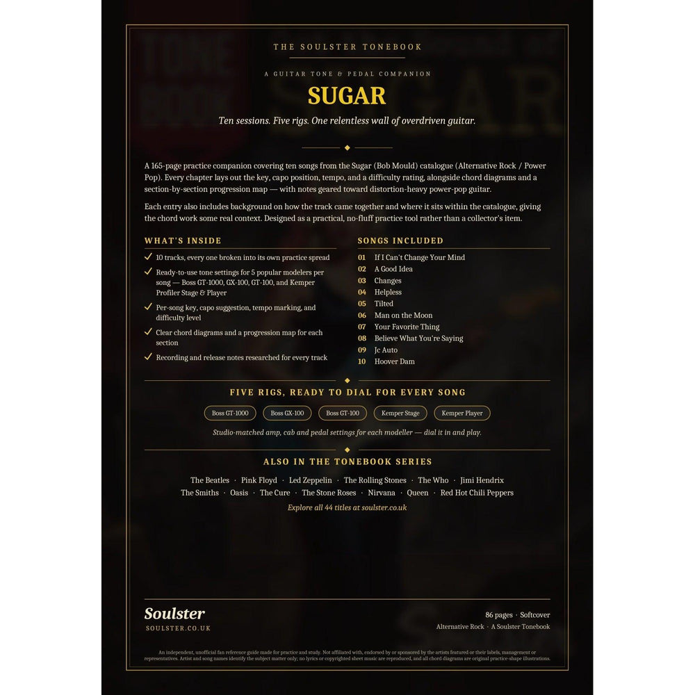 Back cover of the Sugar Soulster Tonebook — a dark, gold-trimmed design with the title and tagline, a 'what's inside' list, the full 10-song track list, the five modeller rigs and other titles in the Soulster Tonebook series.