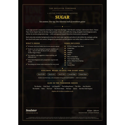 Back cover of the Sugar Soulster Tonebook — a dark, gold-trimmed design with the title and tagline, a 'what's inside' list, the full 10-song track list, the five modeller rigs and other titles in the Soulster Tonebook series.