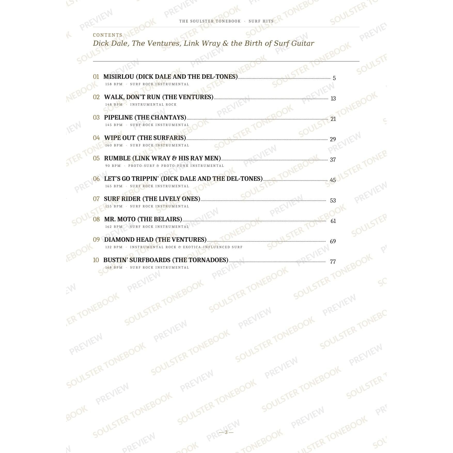 Contents page from the Surf Hits Soulster Tonebook, listing all 10 songs with their tempos, genre tags and page numbers in a gold-and-black serif layout. A faint diagonal 'Soulster Tonebook · Preview' watermark repeats across the page.