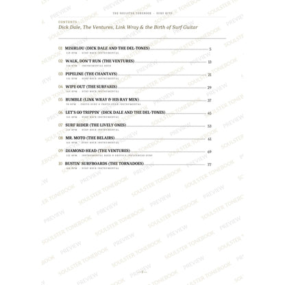 Contents page from the Surf Hits Soulster Tonebook, listing all 10 songs with their tempos, genre tags and page numbers in a gold-and-black serif layout. A faint diagonal 'Soulster Tonebook · Preview' watermark repeats across the page.