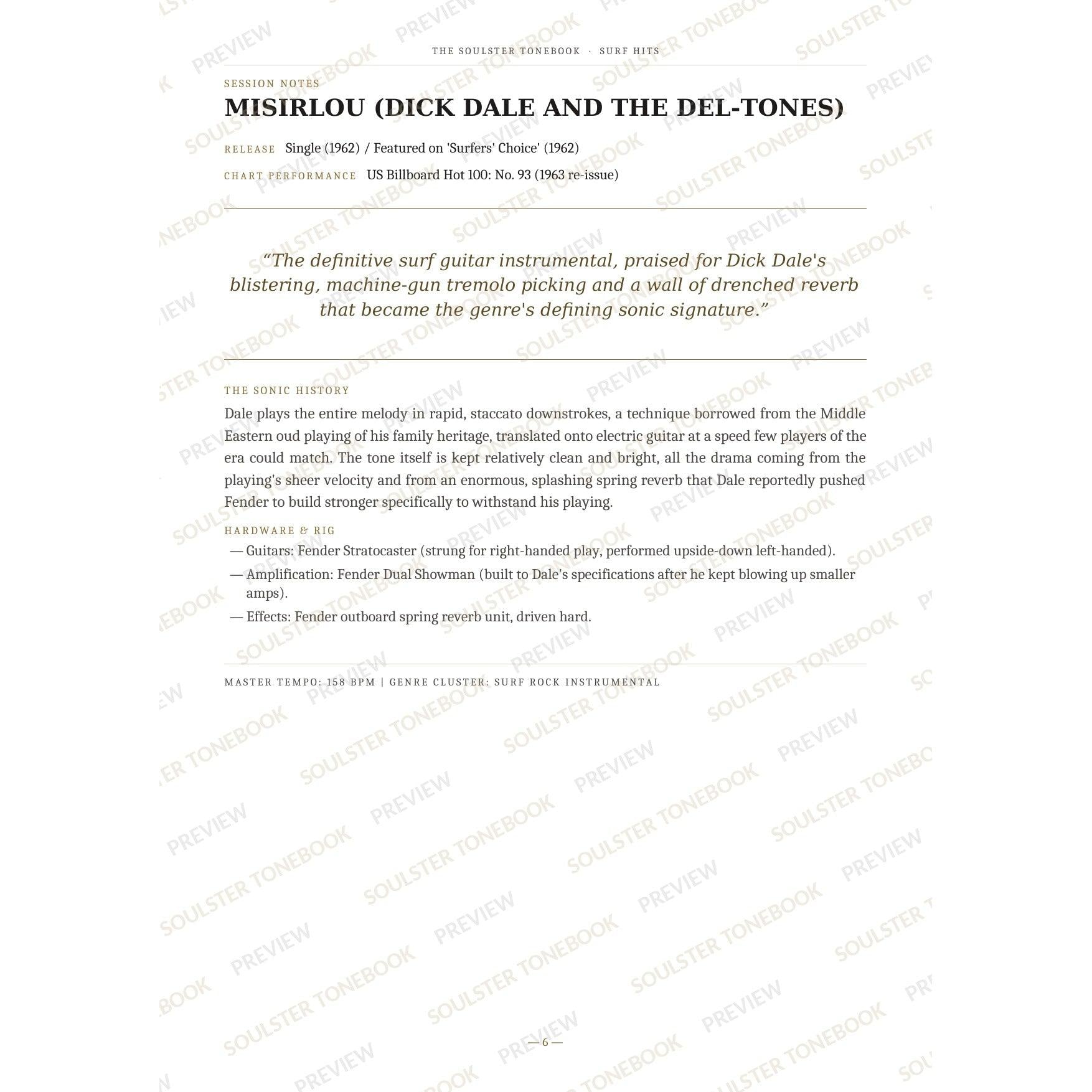 Session-notes page for 'Misirlou (Dick Dale and the Del-tones)' in the Surf Hits Soulster Tonebook, with the track's release and chart history, a summary quote, a short 'sonic history' write-up and the hardware and rig used. A faint diagonal 'Soulster Tonebook · Preview' watermark repeats across the page.