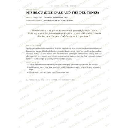 Session-notes page for 'Misirlou (Dick Dale and the Del-tones)' in the Surf Hits Soulster Tonebook, with the track's release and chart history, a summary quote, a short 'sonic history' write-up and the hardware and rig used. A faint diagonal 'Soulster Tonebook · Preview' watermark repeats across the page.