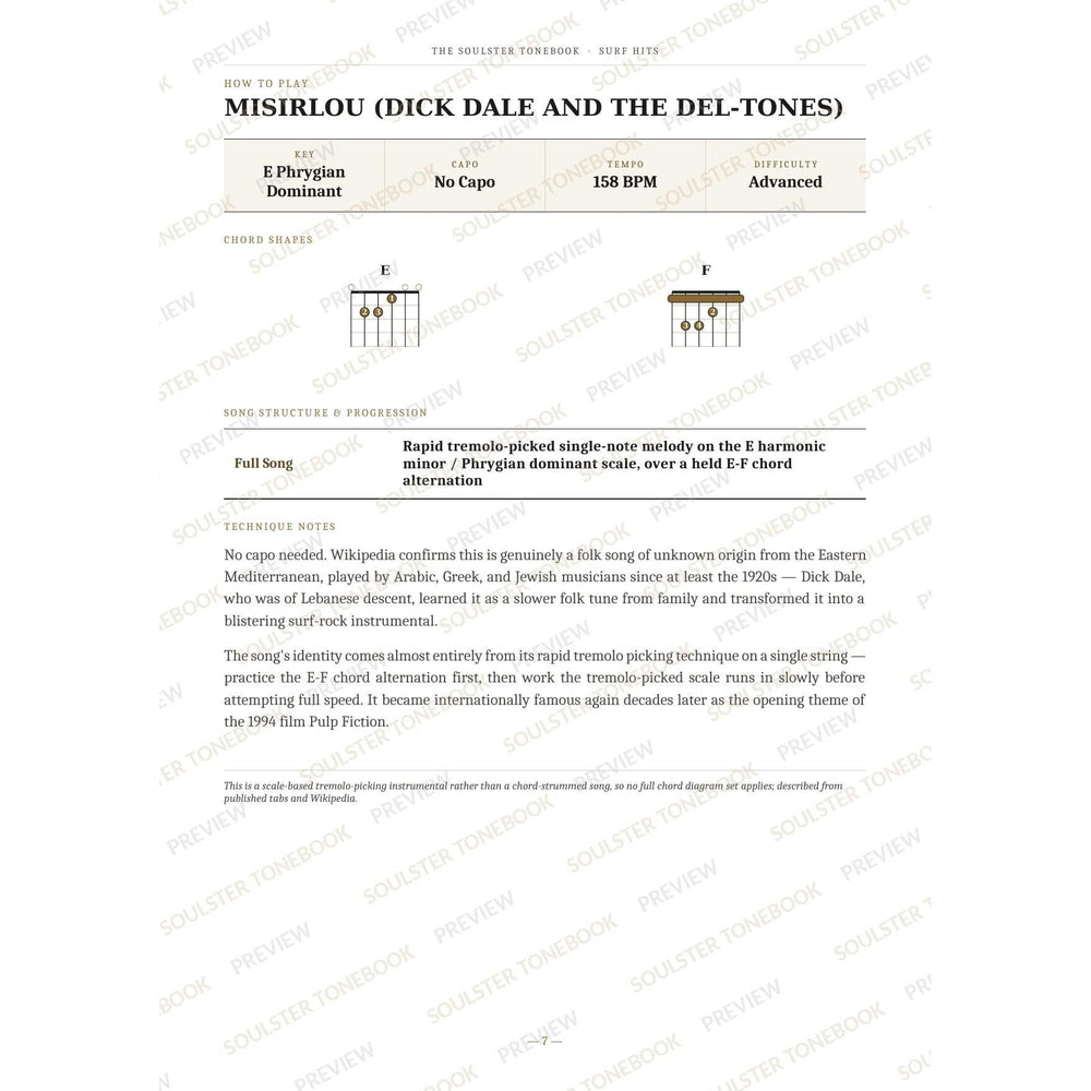 How-to-play page for 'Misirlou (Dick Dale and the Del-tones)' by Surf Hits, showing the key, capo, tempo and difficulty, printed chord-shape diagrams, a song-structure and chord-progression breakdown and technique notes — chord charts only, no lyrics or notation. A faint diagonal 'Soulster Tonebook · Preview' watermark repeats across the page.