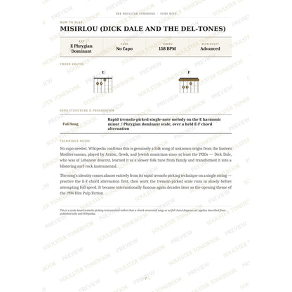 How-to-play page for 'Misirlou (Dick Dale and the Del-tones)' by Surf Hits, showing the key, capo, tempo and difficulty, printed chord-shape diagrams, a song-structure and chord-progression breakdown and technique notes — chord charts only, no lyrics or notation. A faint diagonal 'Soulster Tonebook · Preview' watermark repeats across the page.