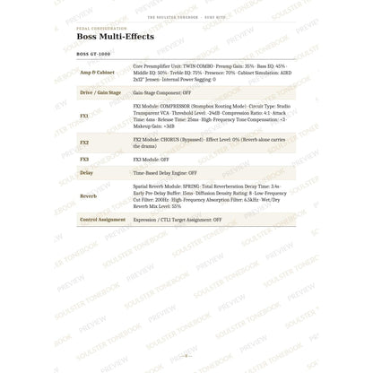 Boss GT-1000 pedal-settings page for 'Misirlou (Dick Dale and the Del-tones)' in the Surf Hits Soulster Tonebook, giving parameter-by-parameter amp, cabinet, drive, FX, delay and reverb values in a two-column table. A faint diagonal 'Soulster Tonebook · Preview' watermark repeats across the page.