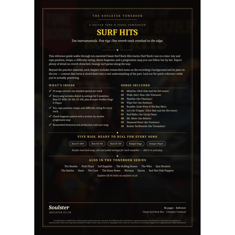 Back cover of the Surf Hits Soulster Tonebook — a dark, gold-trimmed design with the title and tagline, a 'what's inside' list, the full 10-song track list, the five modeller rigs and other titles in the Soulster Tonebook series.