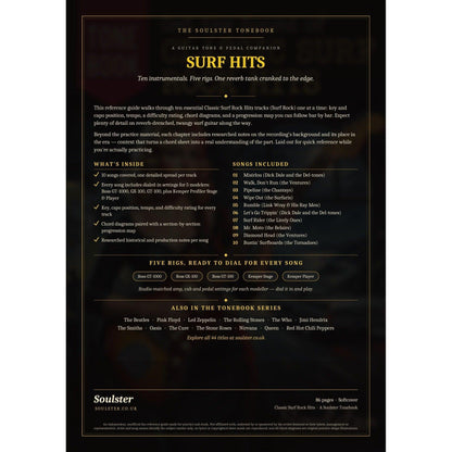 Back cover of the Surf Hits Soulster Tonebook — a dark, gold-trimmed design with the title and tagline, a 'what's inside' list, the full 10-song track list, the five modeller rigs and other titles in the Soulster Tonebook series.