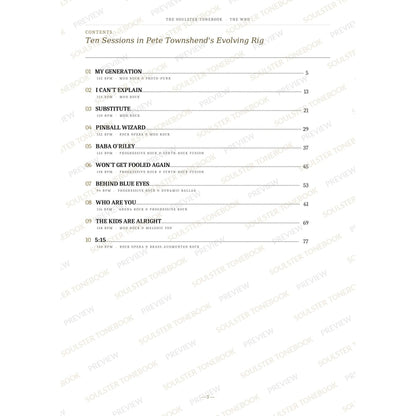 Contents page from The Who Soulster Tonebook, listing all 10 songs with their tempos, genre tags and page numbers in a gold-and-black serif layout. A faint diagonal 'Soulster Tonebook · Preview' watermark repeats across the page.