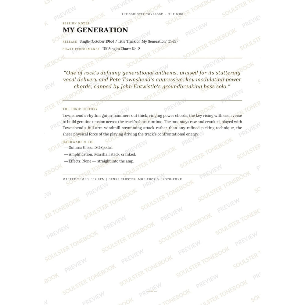 Session-notes page for 'My Generation' in The Who Soulster Tonebook, with the track's release and chart history, a summary quote, a short 'sonic history' write-up and the hardware and rig used. A faint diagonal 'Soulster Tonebook · Preview' watermark repeats across the page.