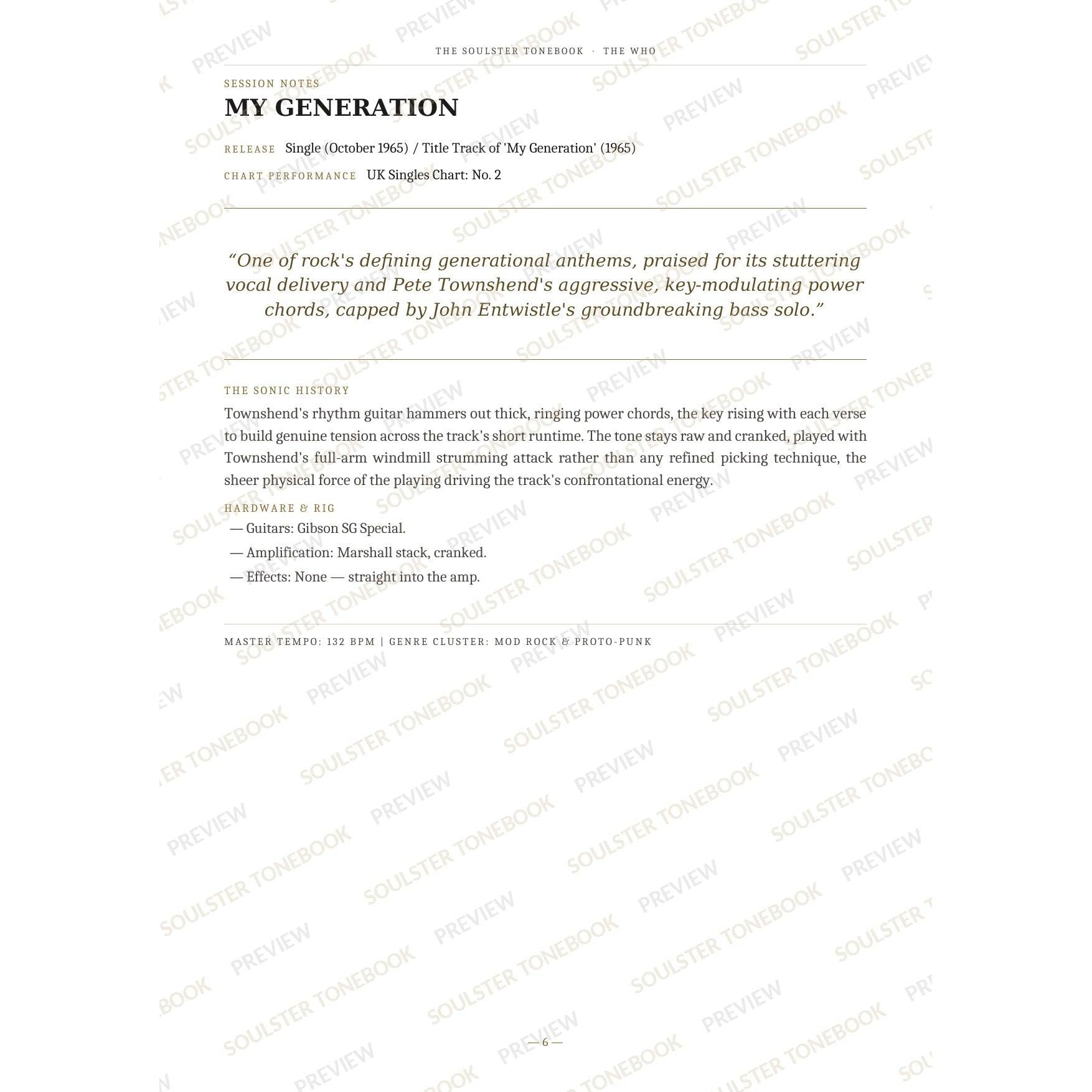 Session-notes page for 'My Generation' in The Who Soulster Tonebook, with the track's release and chart history, a summary quote, a short 'sonic history' write-up and the hardware and rig used. A faint diagonal 'Soulster Tonebook · Preview' watermark repeats across the page.
