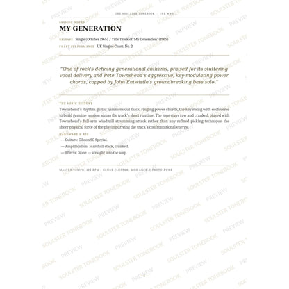 Session-notes page for 'My Generation' in The Who Soulster Tonebook, with the track's release and chart history, a summary quote, a short 'sonic history' write-up and the hardware and rig used. A faint diagonal 'Soulster Tonebook · Preview' watermark repeats across the page.