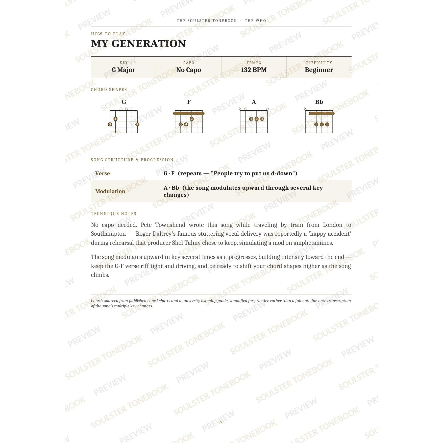 How-to-play page for 'My Generation' by The Who, showing the key, capo, tempo and difficulty, printed chord-shape diagrams, a song-structure and chord-progression breakdown and technique notes — chord charts only, no lyrics or notation. A faint diagonal 'Soulster Tonebook · Preview' watermark repeats across the page.