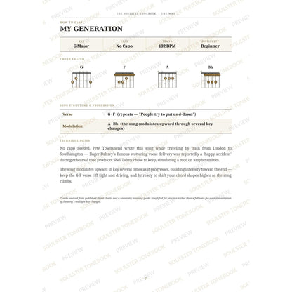How-to-play page for 'My Generation' by The Who, showing the key, capo, tempo and difficulty, printed chord-shape diagrams, a song-structure and chord-progression breakdown and technique notes — chord charts only, no lyrics or notation. A faint diagonal 'Soulster Tonebook · Preview' watermark repeats across the page.