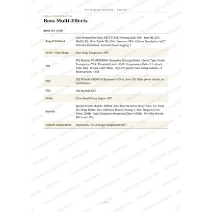 Boss GT-1000 pedal-settings page for 'My Generation' in The Who Soulster Tonebook, giving parameter-by-parameter amp, cabinet, drive, FX, delay and reverb values in a two-column table. A faint diagonal 'Soulster Tonebook · Preview' watermark repeats across the page.