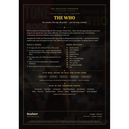 Back cover of The Who Soulster Tonebook — a dark, gold-trimmed design with the title and tagline, a 'what's inside' list, the full 10-song track list, the five modeller rigs and other titles in the Soulster Tonebook series.