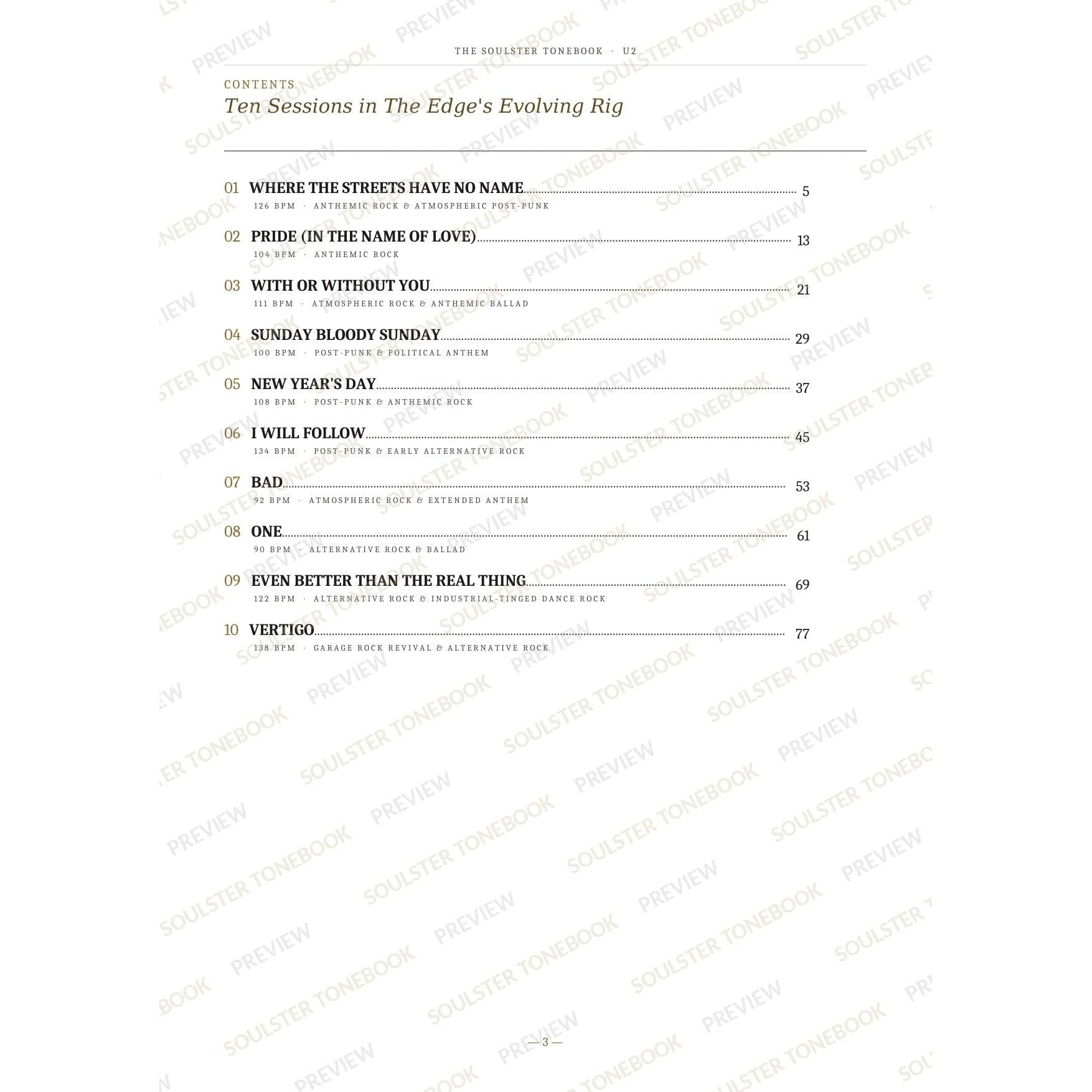 Contents page from the U2 Soulster Tonebook, listing all 10 songs with their tempos, genre tags and page numbers in a gold-and-black serif layout. A faint diagonal 'Soulster Tonebook · Preview' watermark repeats across the page.