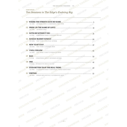 Contents page from the U2 Soulster Tonebook, listing all 10 songs with their tempos, genre tags and page numbers in a gold-and-black serif layout. A faint diagonal 'Soulster Tonebook · Preview' watermark repeats across the page.