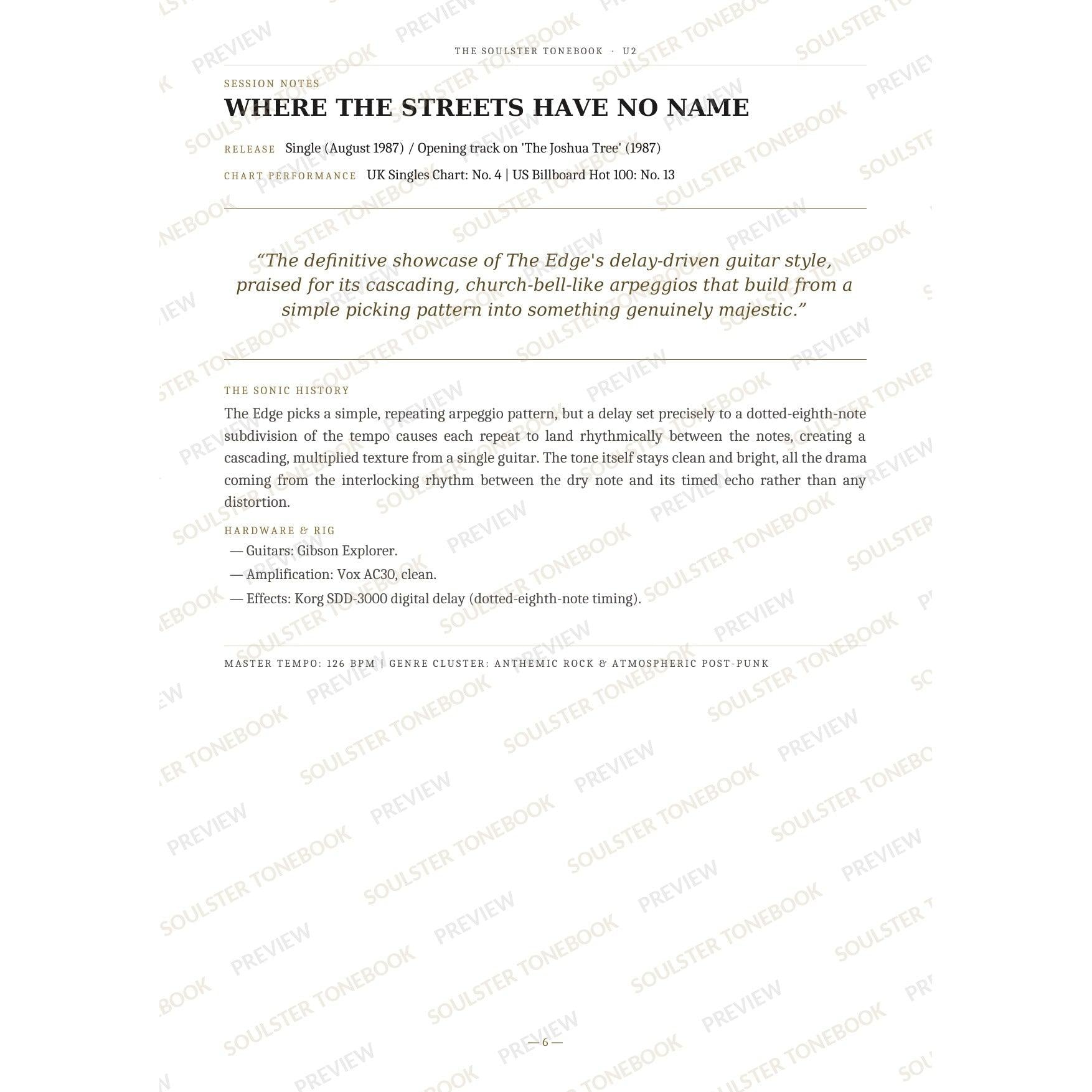 Session-notes page for 'Where the Streets Have No Name' in the U2 Soulster Tonebook, with the track's release and chart history, a summary quote, a short 'sonic history' write-up and the hardware and rig used. A faint diagonal 'Soulster Tonebook · Preview' watermark repeats across the page.