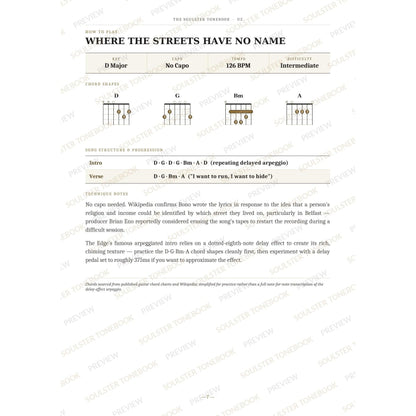 How-to-play page for 'Where the Streets Have No Name' by U2, showing the key, capo, tempo and difficulty, printed chord-shape diagrams, a song-structure and chord-progression breakdown and technique notes — chord charts only, no lyrics or notation. A faint diagonal 'Soulster Tonebook · Preview' watermark repeats across the page.