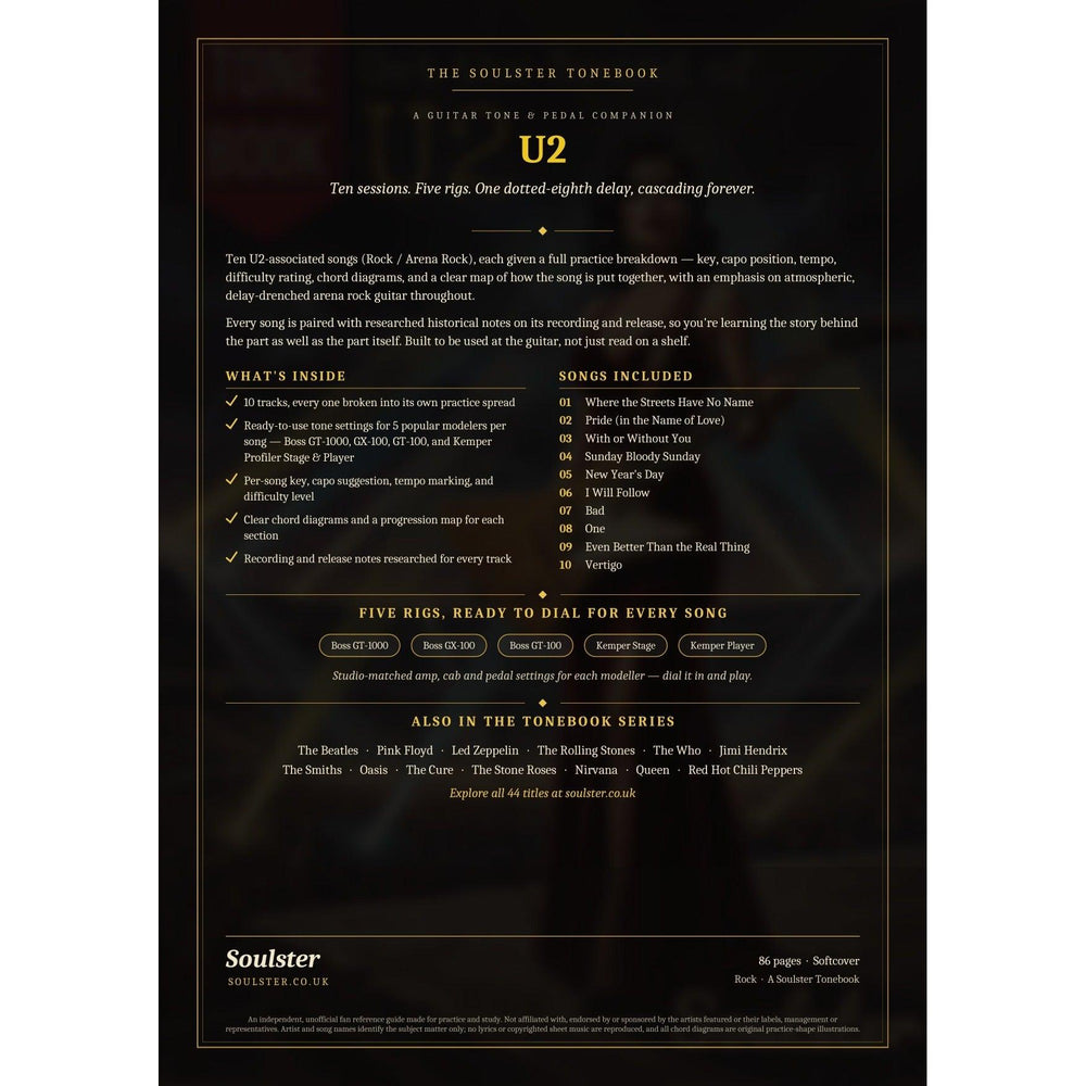Back cover of the U2 Soulster Tonebook — a dark, gold-trimmed design with the title and tagline, a 'what's inside' list, the full 10-song track list, the five modeller rigs and other titles in the Soulster Tonebook series.