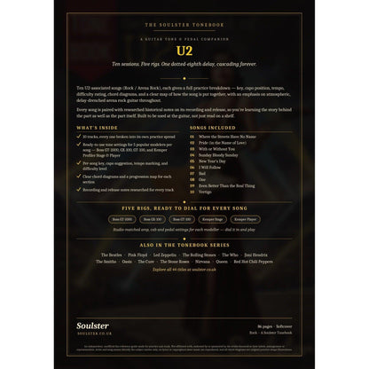 Back cover of the U2 Soulster Tonebook — a dark, gold-trimmed design with the title and tagline, a 'what's inside' list, the full 10-song track list, the five modeller rigs and other titles in the Soulster Tonebook series.