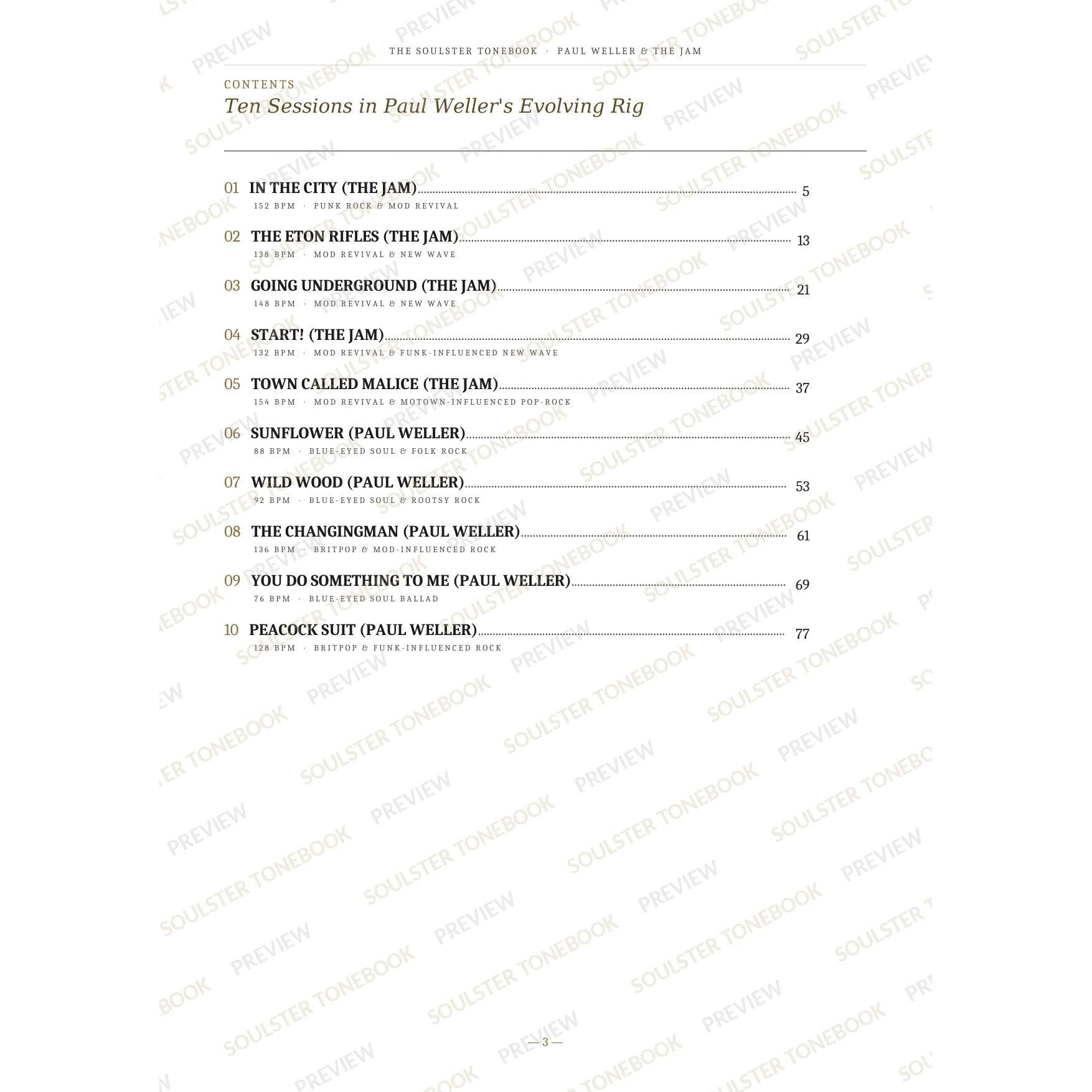 Contents page from the Paul Weller & The Jam Soulster Tonebook, listing all 10 songs with their tempos, genre tags and page numbers in a gold-and-black serif layout. A faint diagonal 'Soulster Tonebook · Preview' watermark repeats across the page.