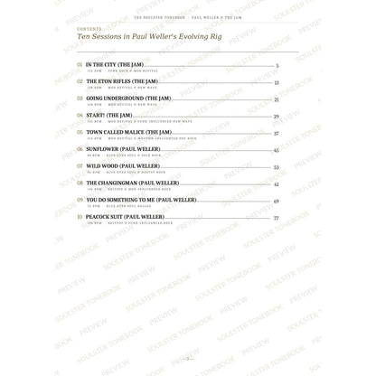 Contents page from the Paul Weller & The Jam Soulster Tonebook, listing all 10 songs with their tempos, genre tags and page numbers in a gold-and-black serif layout. A faint diagonal 'Soulster Tonebook · Preview' watermark repeats across the page.