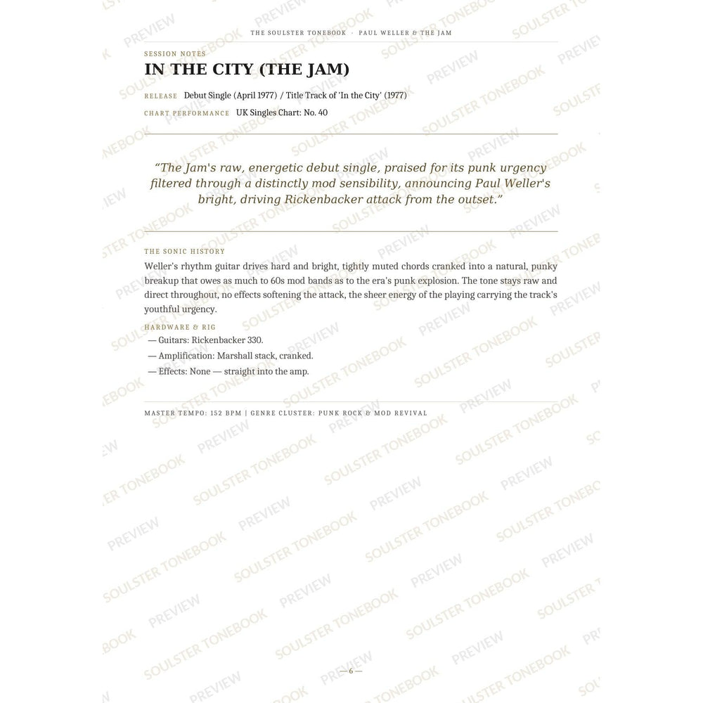 Session-notes page for 'In the City (the Jam)' in the Paul Weller & The Jam Soulster Tonebook, with the track's release and chart history, a summary quote, a short 'sonic history' write-up and the hardware and rig used. A faint diagonal 'Soulster Tonebook · Preview' watermark repeats across the page.