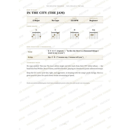 How-to-play page for 'In the City (the Jam)' by Paul Weller & The Jam, showing the key, capo, tempo and difficulty, printed chord-shape diagrams, a song-structure and chord-progression breakdown and technique notes — chord charts only, no lyrics or notation. A faint diagonal 'Soulster Tonebook · Preview' watermark repeats across the page.