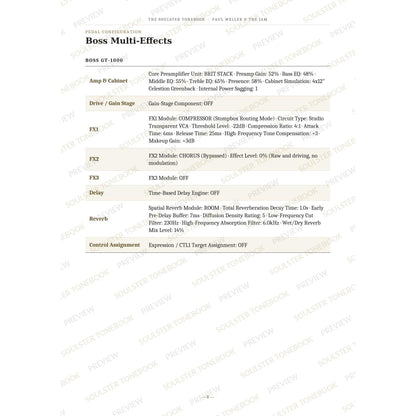 Boss GT-1000 pedal-settings page for 'In the City (the Jam)' in the Paul Weller & The Jam Soulster Tonebook, giving parameter-by-parameter amp, cabinet, drive, FX, delay and reverb values in a two-column table. A faint diagonal 'Soulster Tonebook · Preview' watermark repeats across the page.