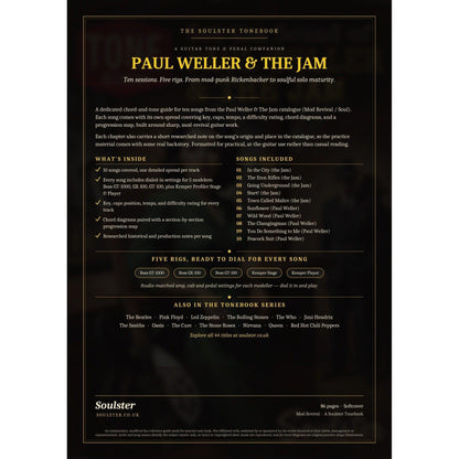 Back cover of the Paul Weller & The Jam Soulster Tonebook — a dark, gold-trimmed design with the title and tagline, a 'what's inside' list, the full 10-song track list, the five modeller rigs and other titles in the Soulster Tonebook series.